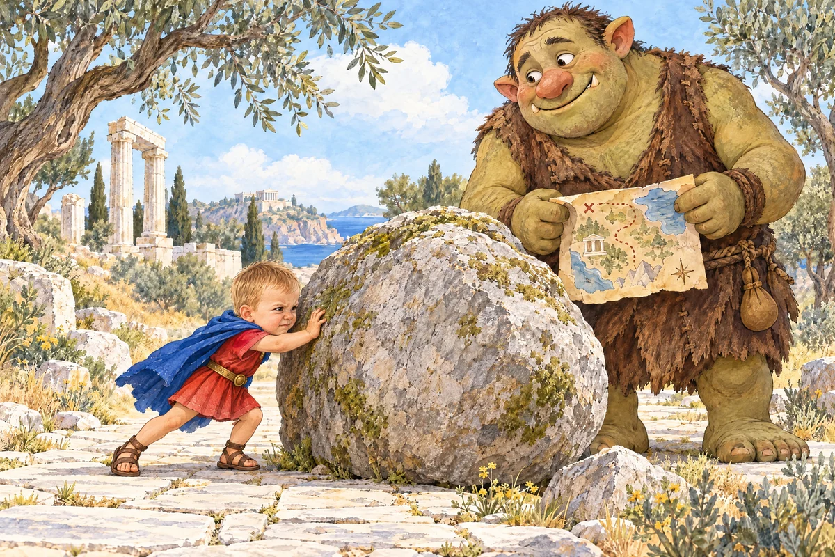 Victor și Mormoloc rostogolesc piatra uriașă de pe potecă.