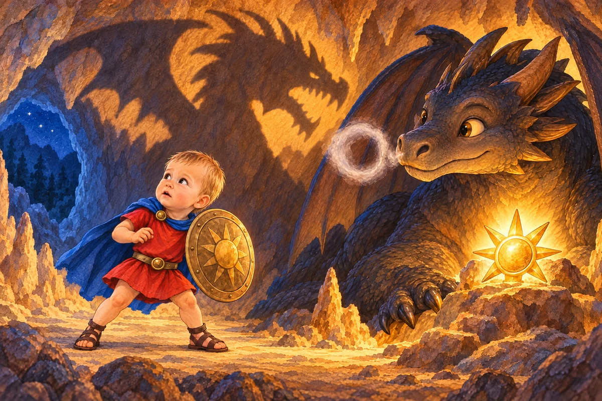 Victor și Noptatic se află în peștera luminată, lângă scut și norișorul de fum.
