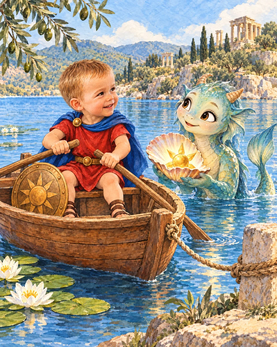 Victor vâslește pe Lacul Albastru, lângă Bâldâbâc și scoica luminoasă.