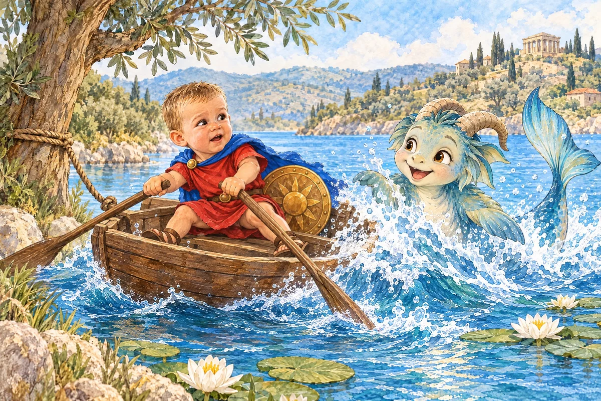 Victor vâslește pe lac, iar Bâldâbâc face un val lângă barcă.