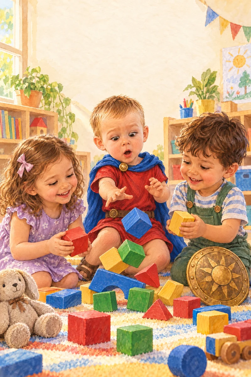 Copiii construiesc un turn colorat de cuburi în sala de joacă; un coleg din dreapta ține un cub galben, iar Victor are mâna deschisă.
