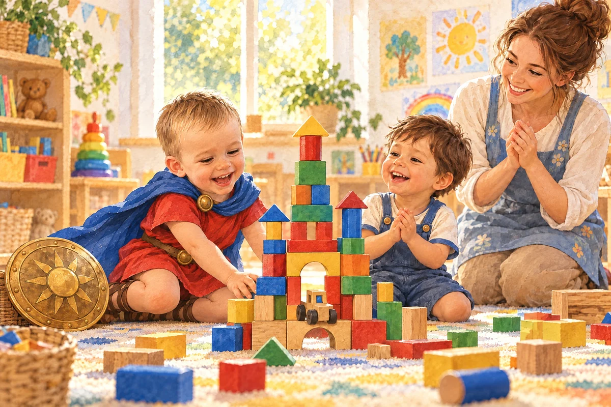 Victor și colegii lui privesc și construiesc turnul de cuburi în sala de joacă.