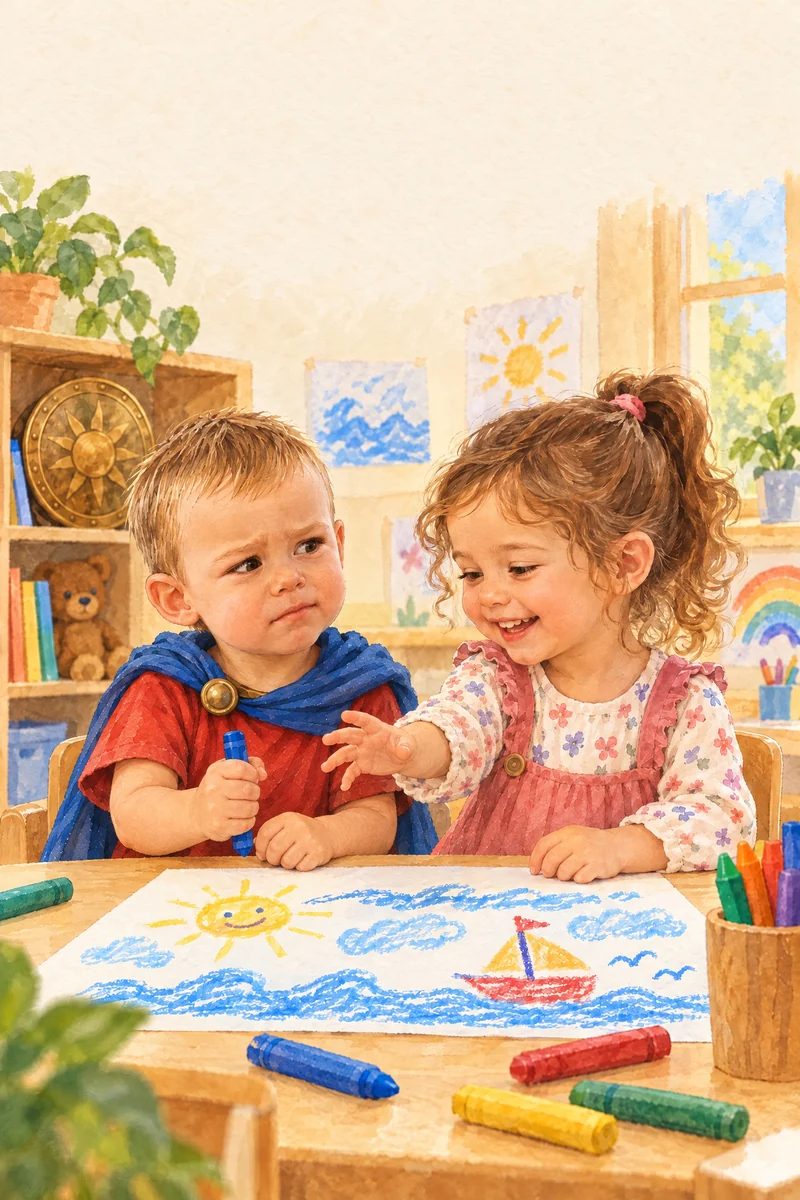 Victor și Sofia desenează împreună la masa cu foi și creioane colorate.