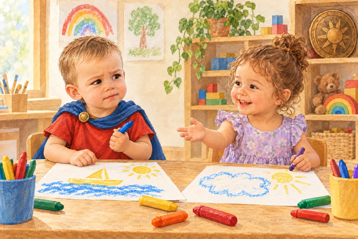Victor și Sofia colorează foi albe la masa de desen.