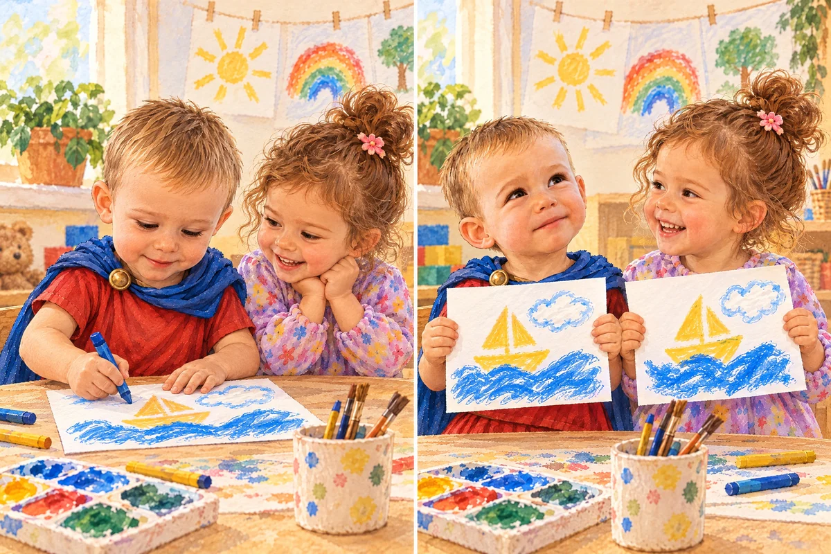 Victor și Sofia își arată desenele cu marea, norii și bărcuța.