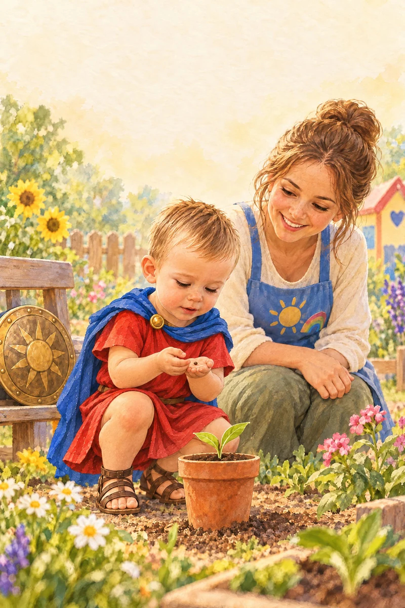 Victor plantează o sămânță într-un ghiveci împreună cu educatoarea, într-o grădină luminoasă.