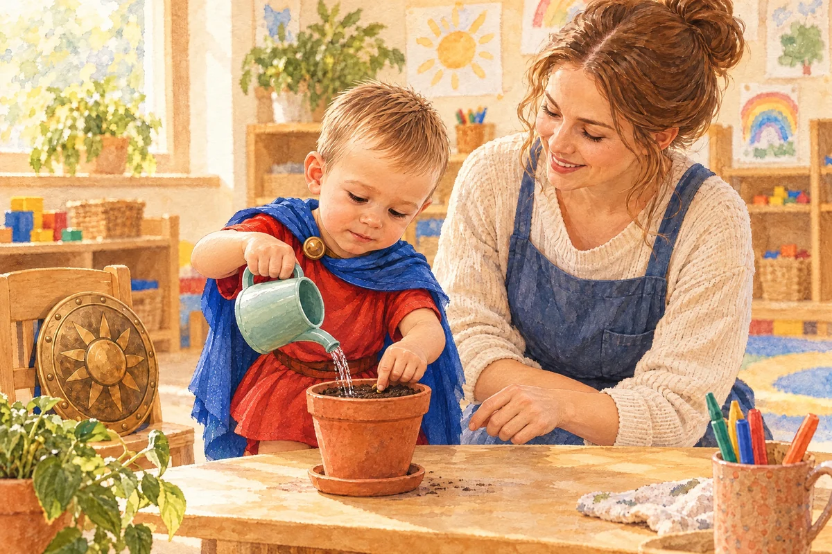 Victor pune apă într-un ghiveci cu ajutorul educatoarei.