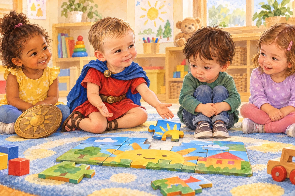 Victor și Radu lucrează împreună la puzzle-ul cu animale, pe covor.