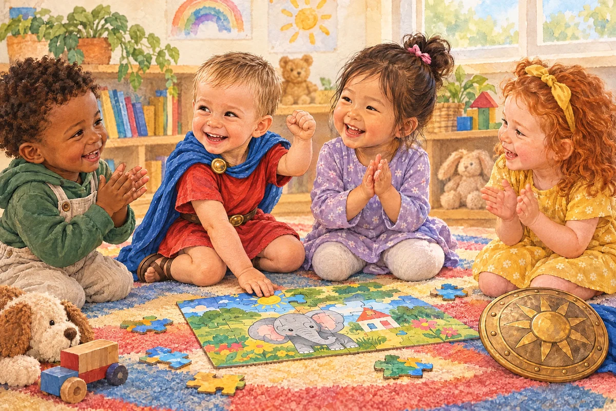Victor și colegii lui privesc puzzle-ul cu animale terminat.