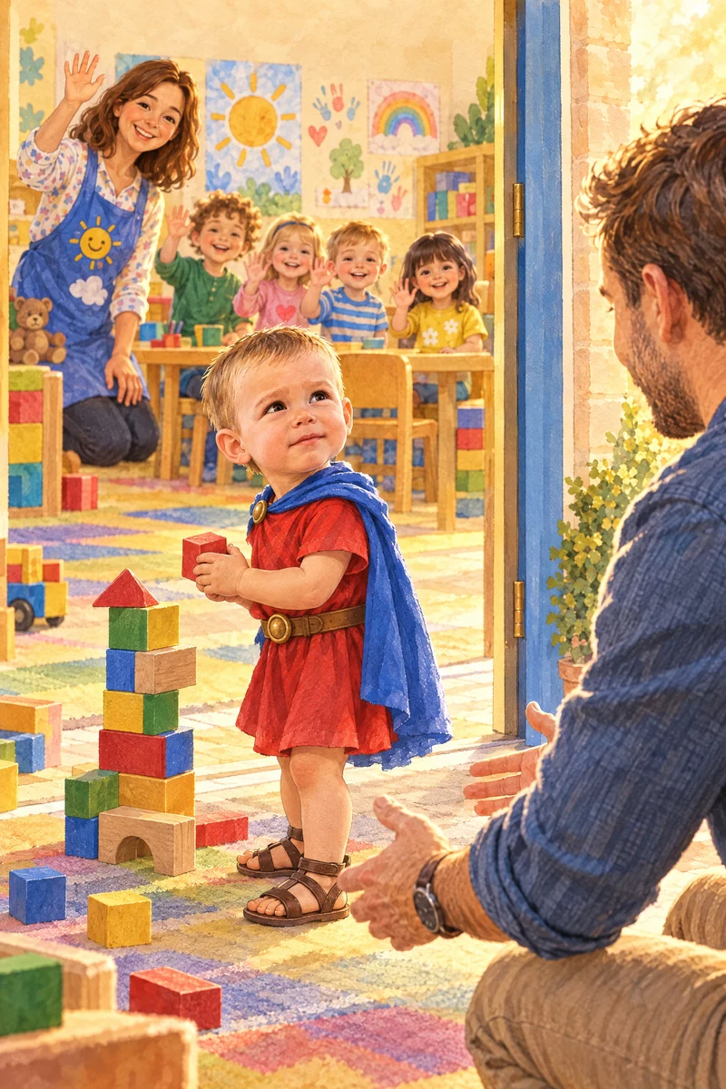 Victor construiește un turn de cuburi în sala de joacă, în timp ce adulții îl privesc.