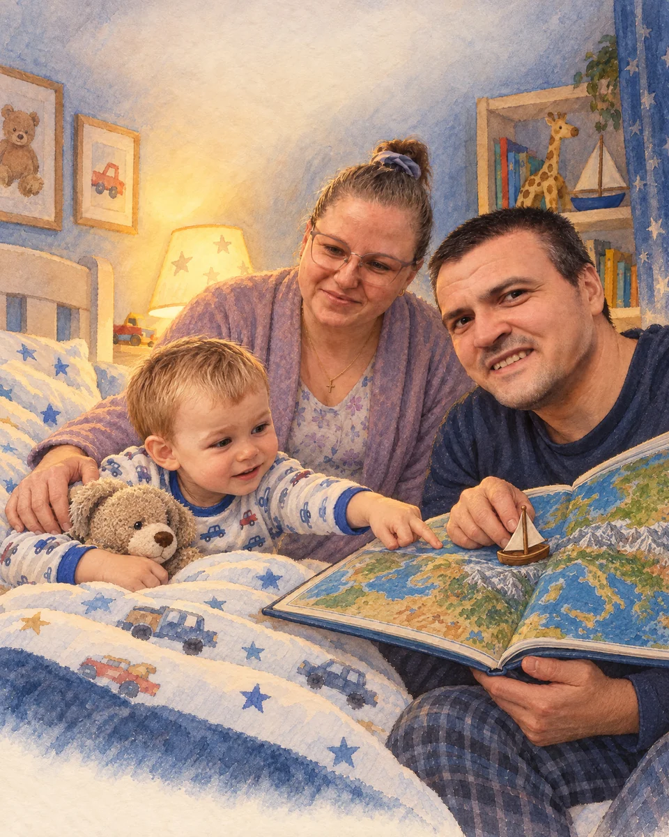 O familie privește atlasul și bărcuța de lemn la ora de seară.
