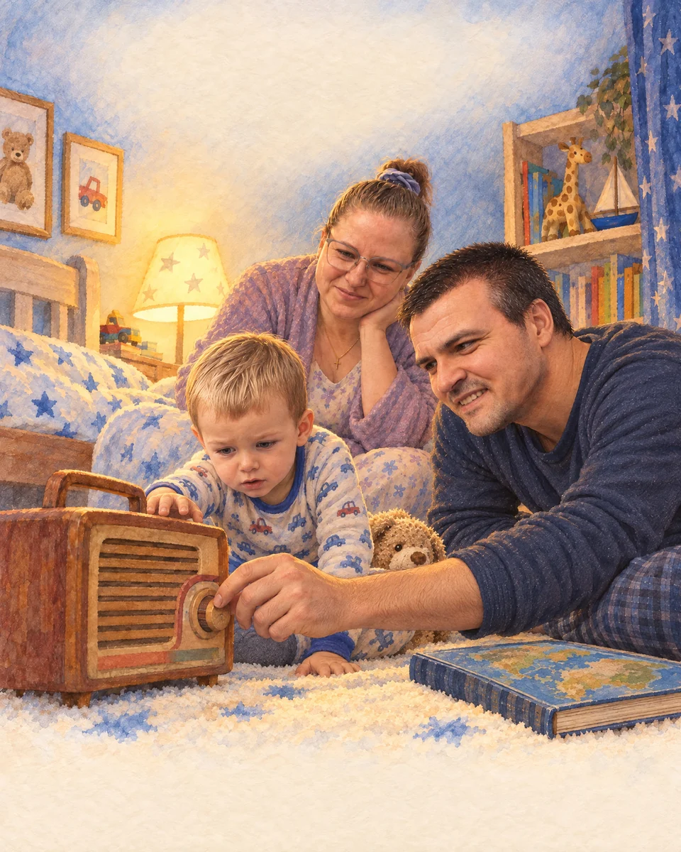 O familie ascultă împreună la ora de seară.