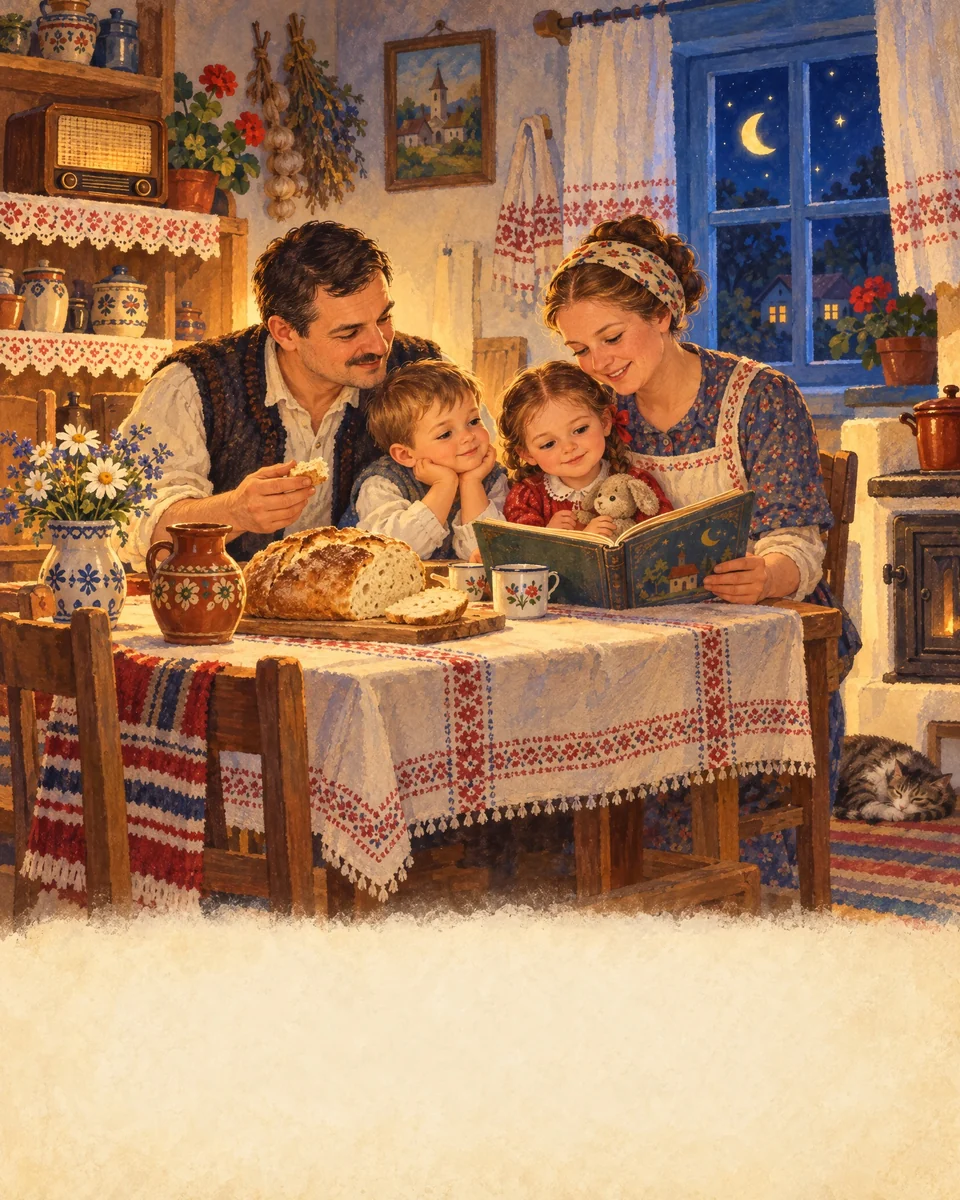 O familie adunată în jurul unei mese, într-o casă modestă.