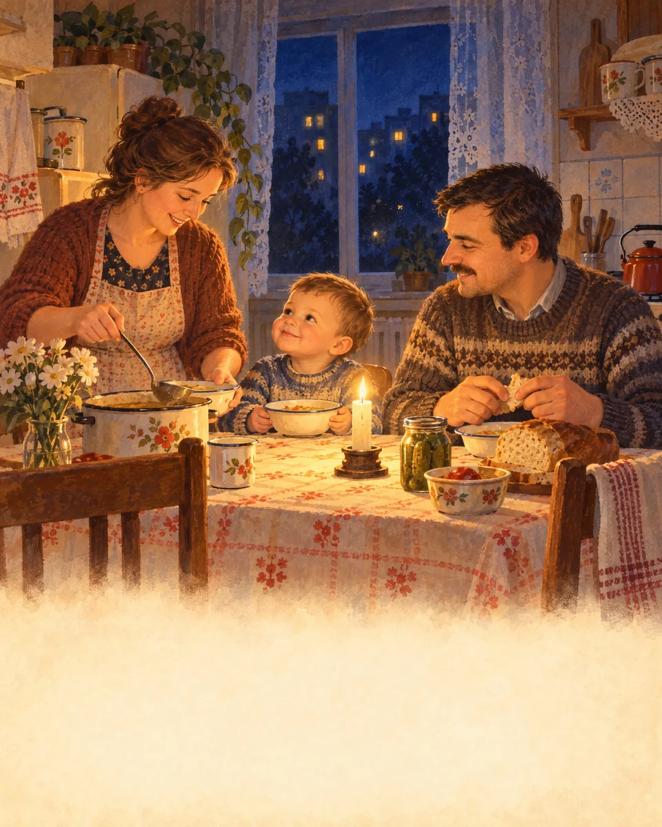 O familie stă în jurul unui radio, într-o cameră luminată.