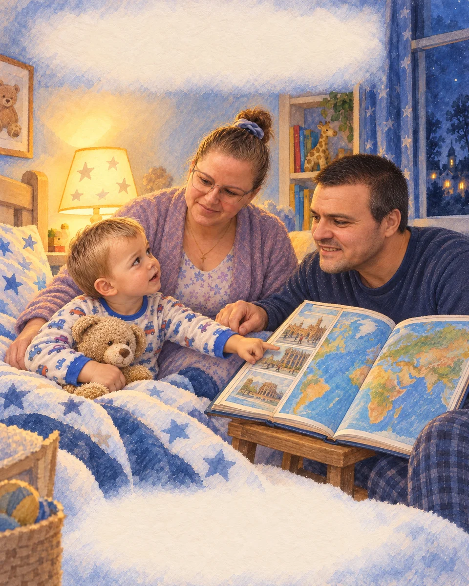 O familie privește atlasul sub lumina lămpii.
