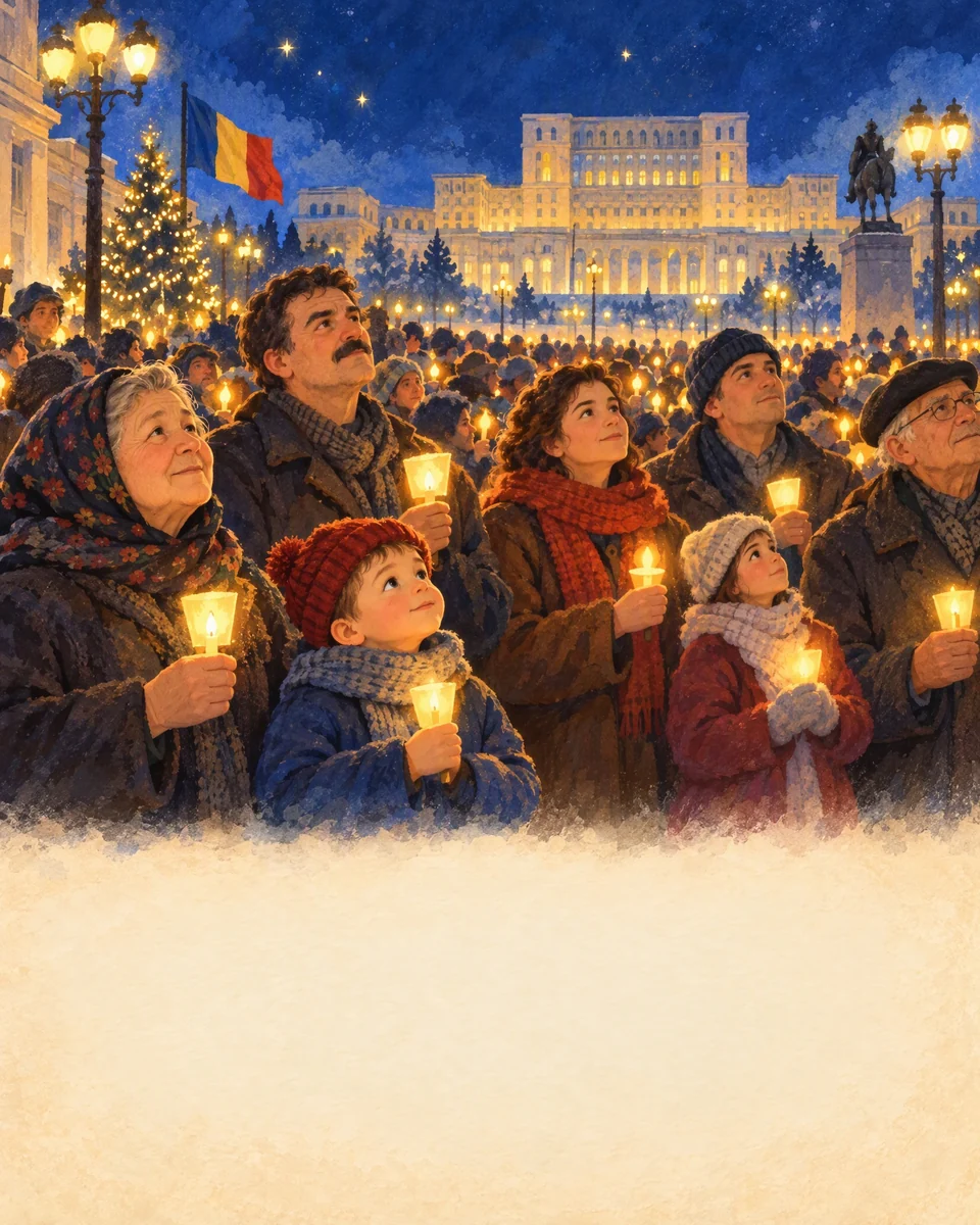 O mulțime cu lumini într-o piață, noaptea.