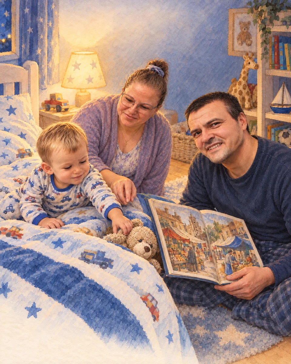 O familie privește atlasul lângă un ursuleț.