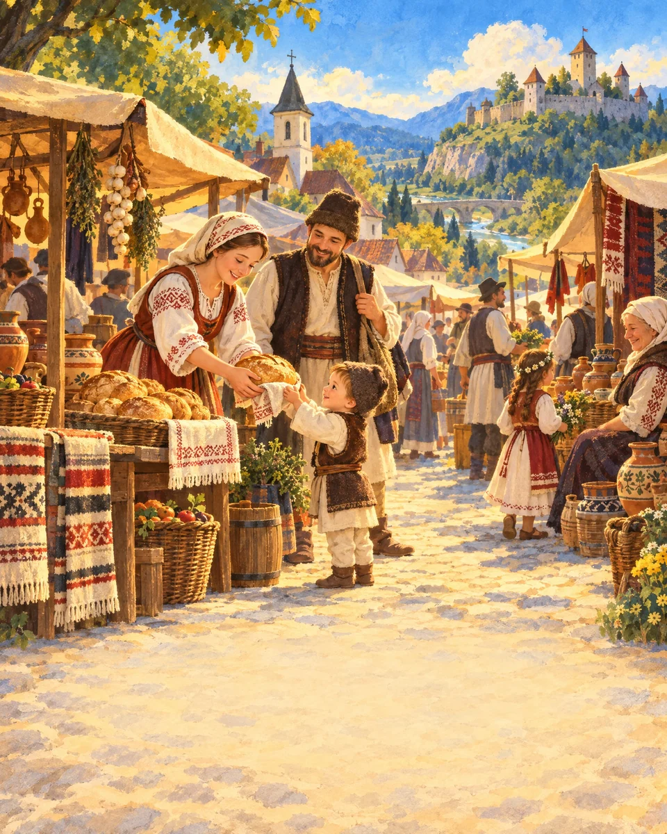 Un târg medieval cu tarabe și oameni.