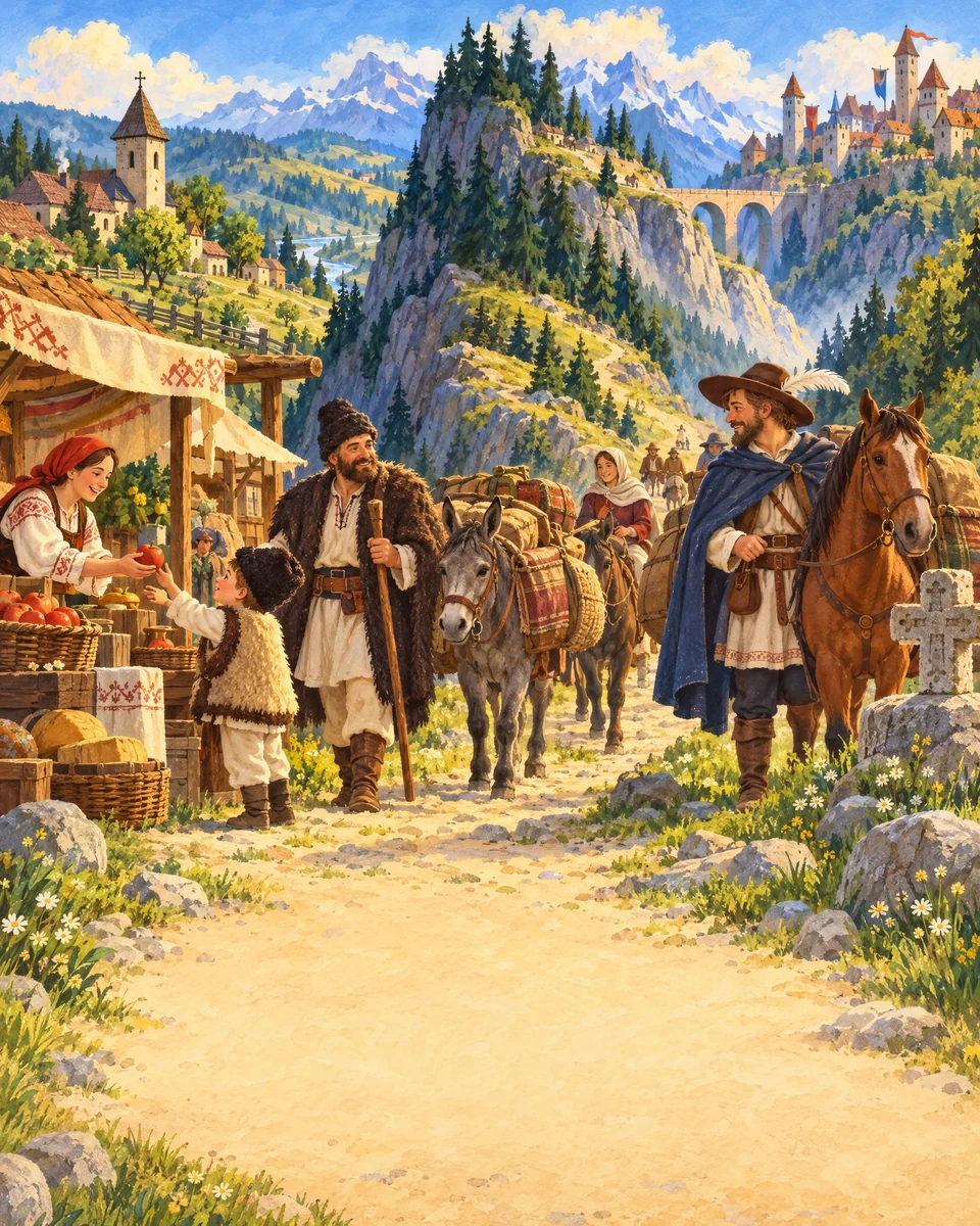 O așezare medievală se întinde într-o vale.