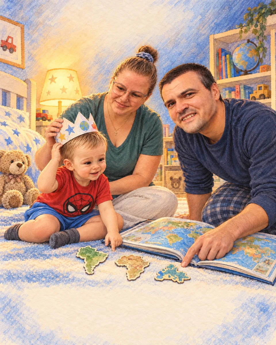 O familie urmărește trei hărți împreună.