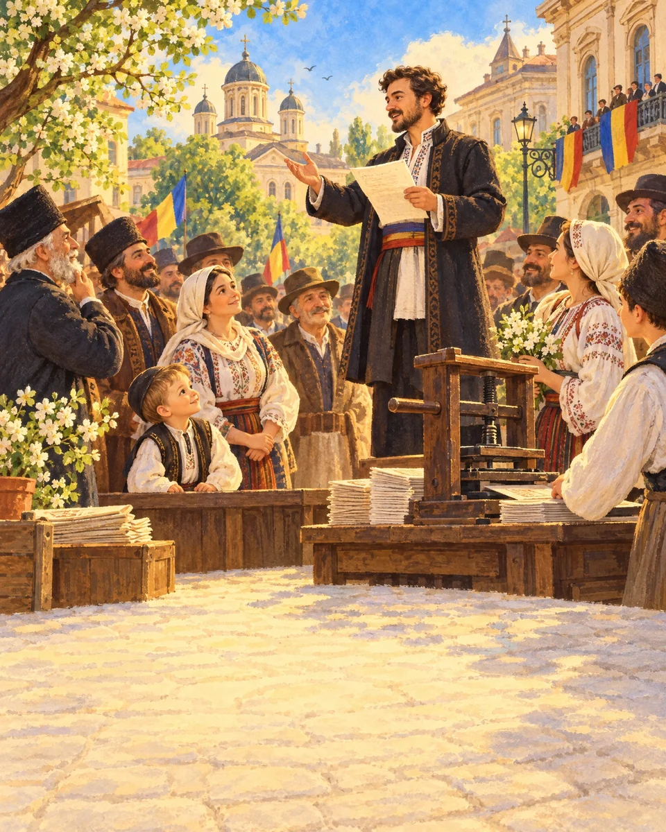 O mulțime ascultă un vorbitor într-o piață.
