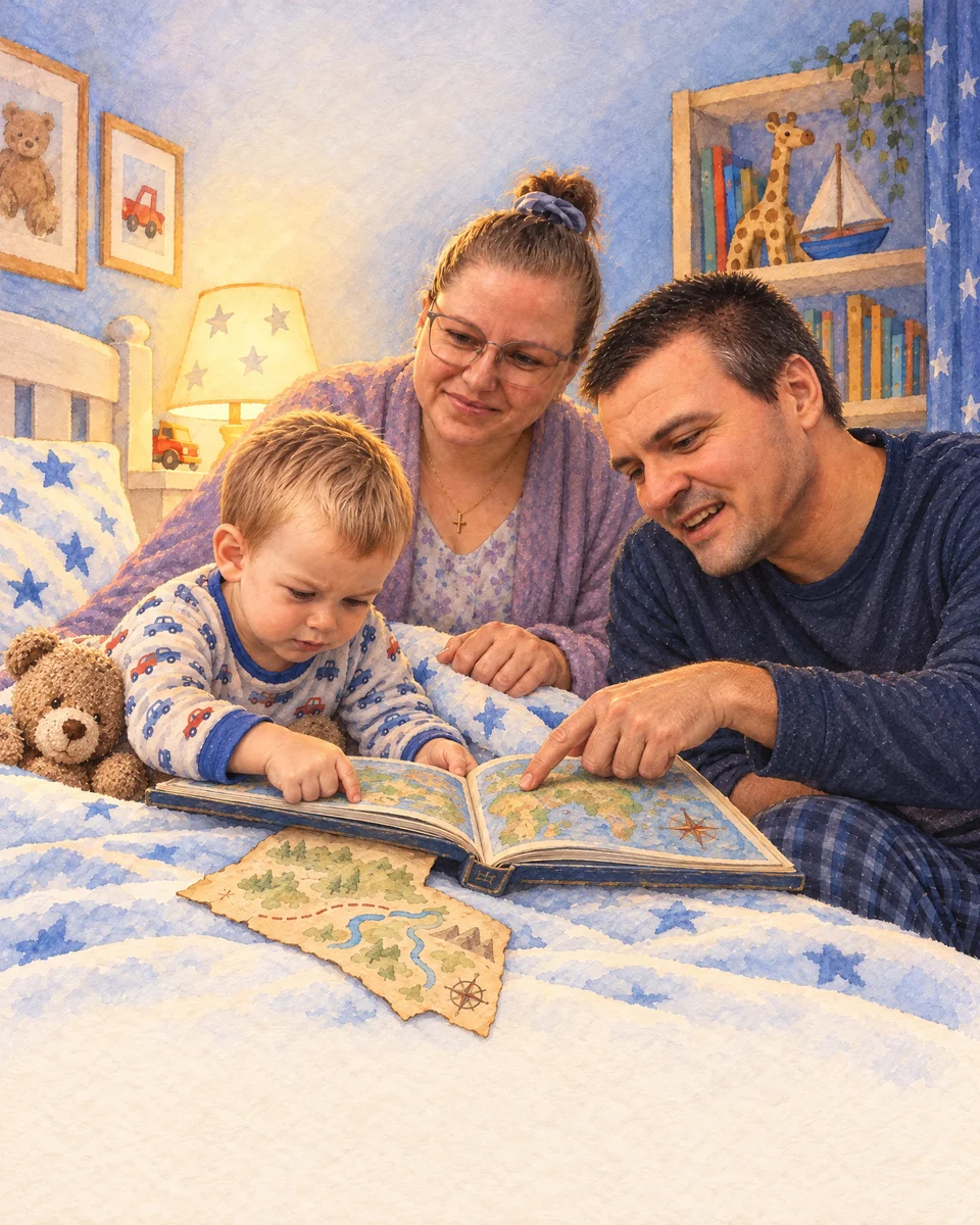 O familie apropie două hărți pe pat.