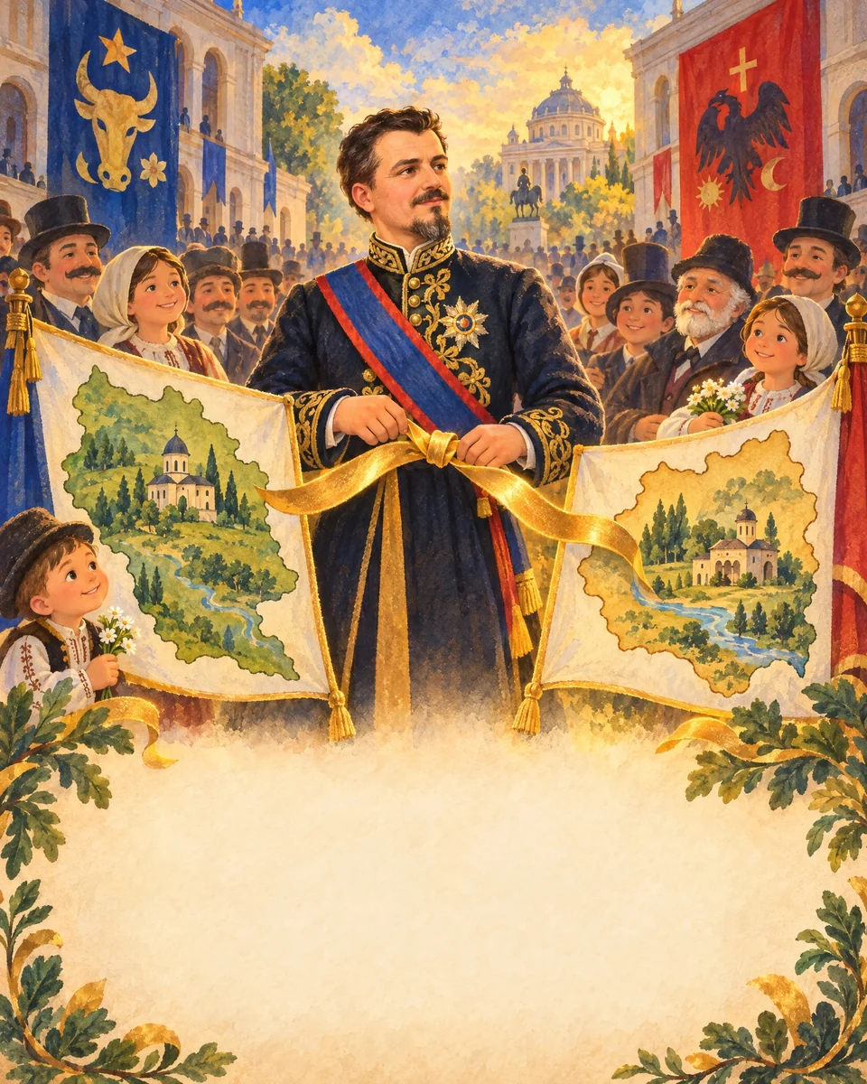 Un personaj arată o hartă cu două ținuturi.