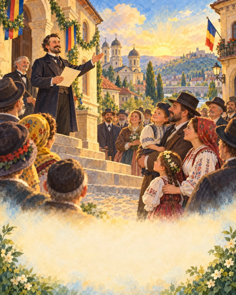 O adunare de oameni într-un oraș istoric.