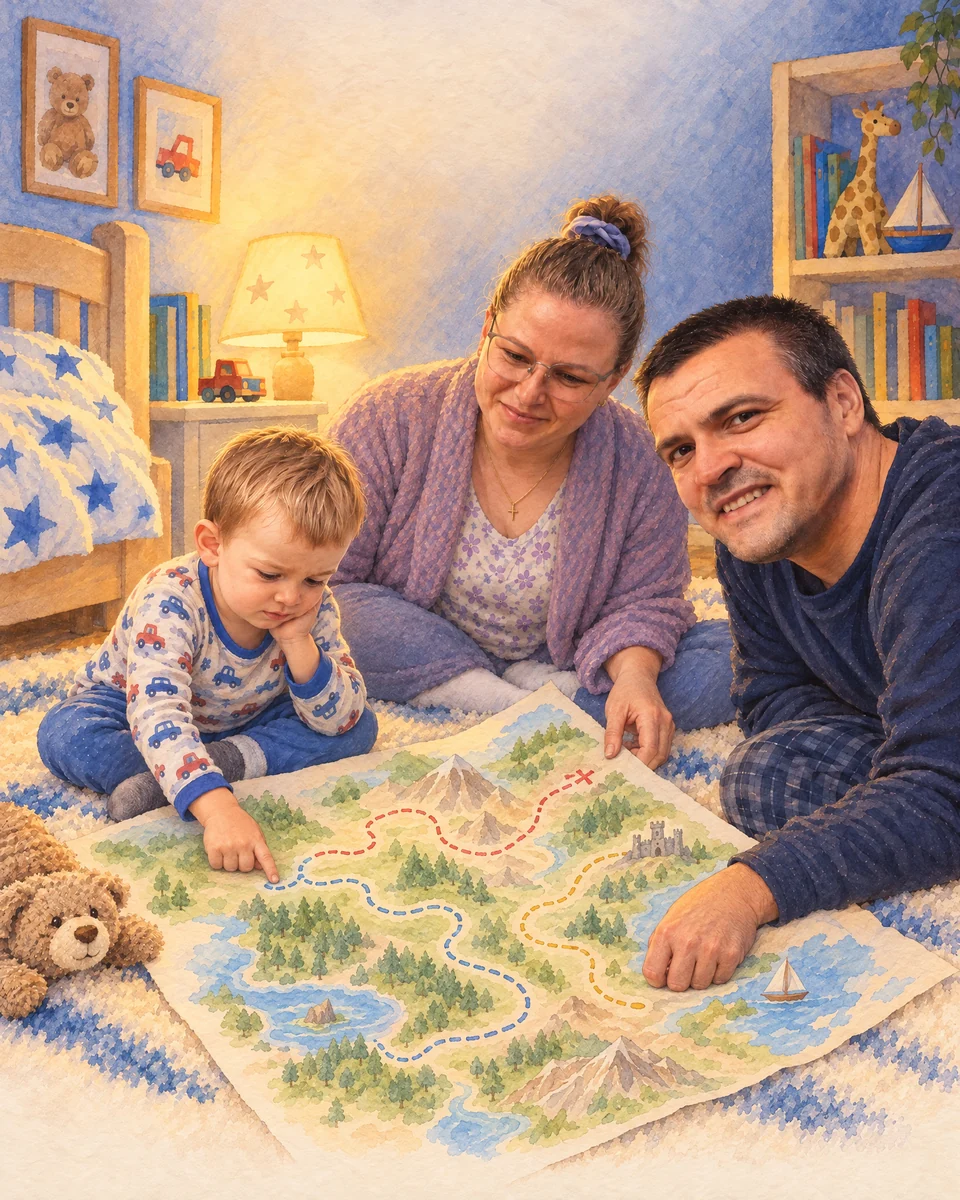 O familie ține o hartă colorată împreună.