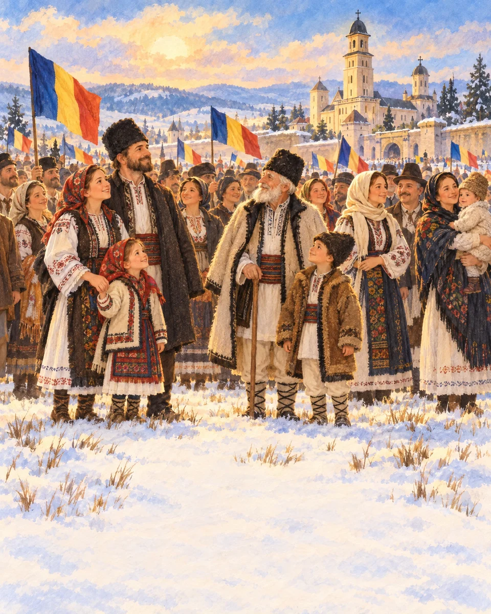 O adunare de oameni se află într-un peisaj de munte.