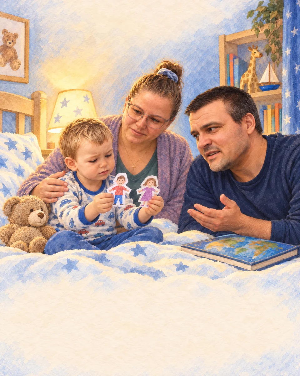 O familie stă aproape, lângă o lumină caldă.