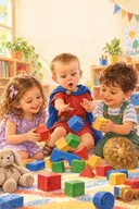 Copiii construiesc un turn colorat de cuburi în sala de joacă; un coleg din dreapta ține un cub galben, iar Victor are mâna deschisă.