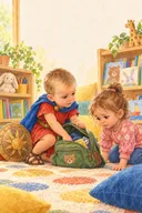Victor și Ana stau pe covor lângă ghiozdănelul ei, în sala de joacă.