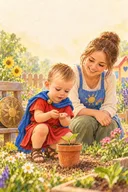 Victor plantează o sămânță într-un ghiveci împreună cu educatoarea, într-o grădină luminoasă.