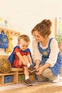 Victor își încalță pantofiorul cu ajutorul educatoarei, pe băncuța din sala de joacă.