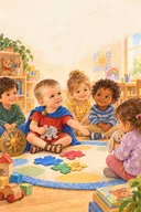 Victor și colegii lui potrivesc piese într-un puzzle cu animale.