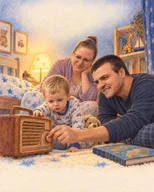 O familie ascultă împreună la ora de seară.