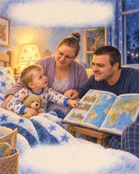 O familie privește atlasul sub lumina lămpii.