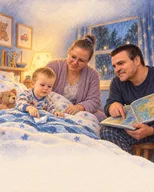 O familie urmărește o hartă împreună, la culcare.