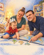 O familie urmărește trei hărți împreună.
