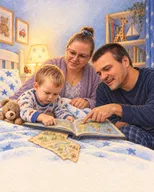 O familie apropie două hărți pe pat.