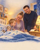 O familie privește un atlas la lumina serii.