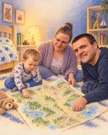 O familie ține o hartă colorată împreună.