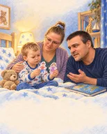O familie stă aproape, lângă o lumină caldă.