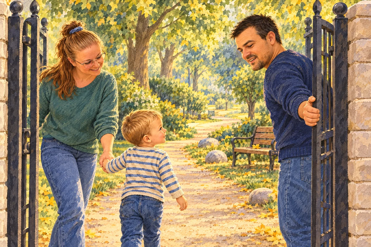 Victor intră în parc ținând-o pe mama Maria de mână, în timp ce tata Dan deschide poarta către potecă.